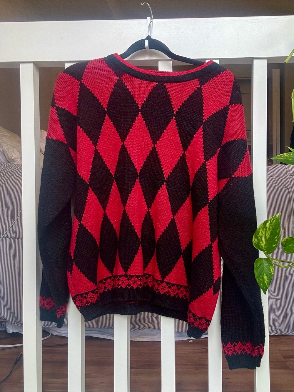 Women's Red & Black Diamond Knit Crewneck Sweater
